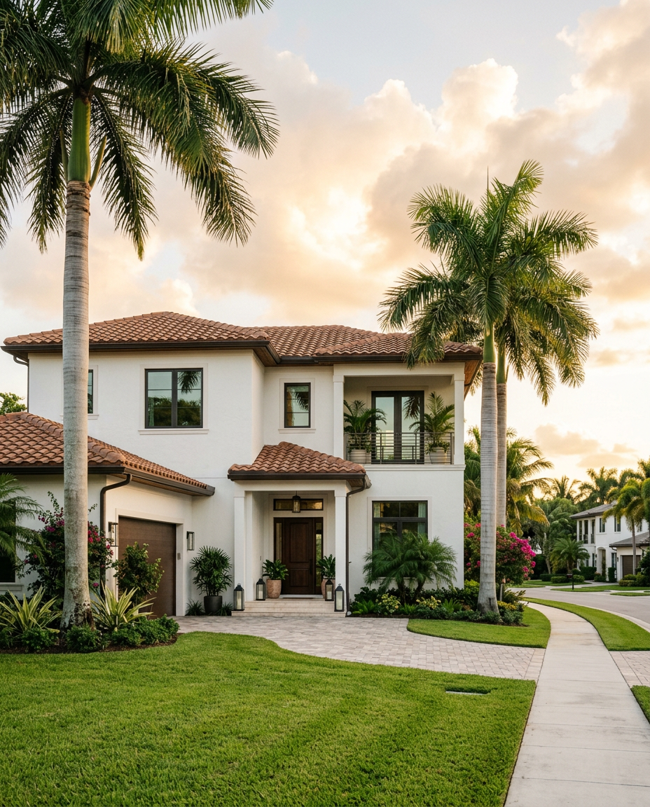 A South Florida home with a tile roof and palm trees at golden hour